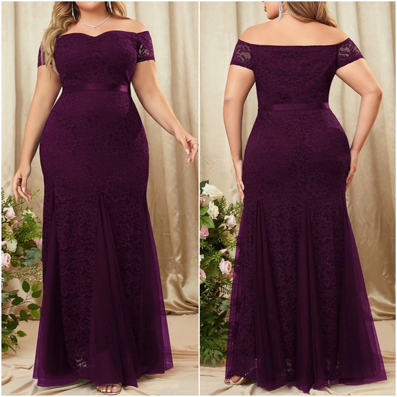 Plus Floral Lace Off Shoulder Formal Evening Wedding Maxi Dress - Picture 8 of 10